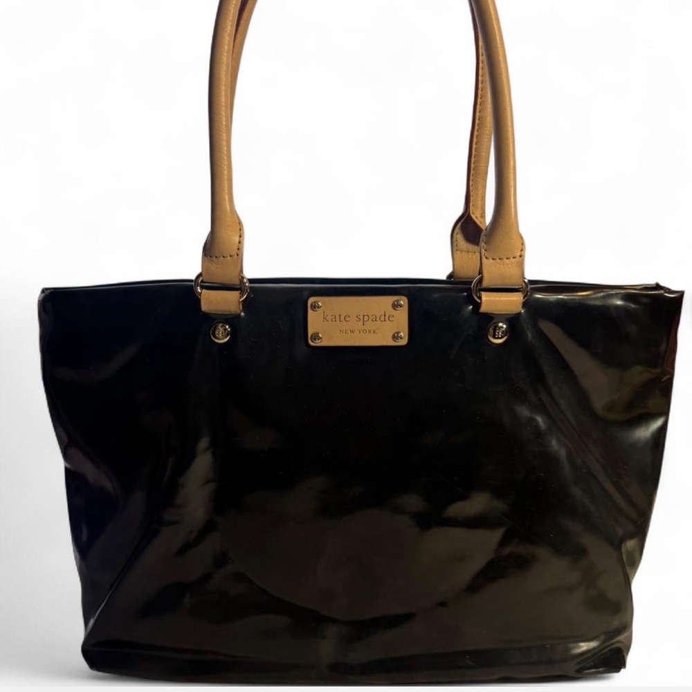 Kate Spade Rare Newspaper Ad Lining, Black Patent Leather Shoulder Bag
